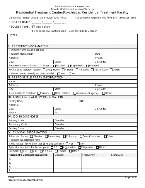 Form FA-15 Prior Authorization Request Form - Residential Treatment Center/Psychiatric Residential Treatment Facility - Nevada