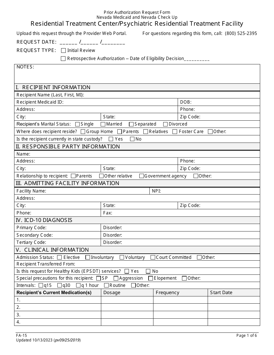 Form FA-15 Prior Authorization Request Form - Residential Treatment Center / Psychiatric Residential Treatment Facility - Nevada, Page 1