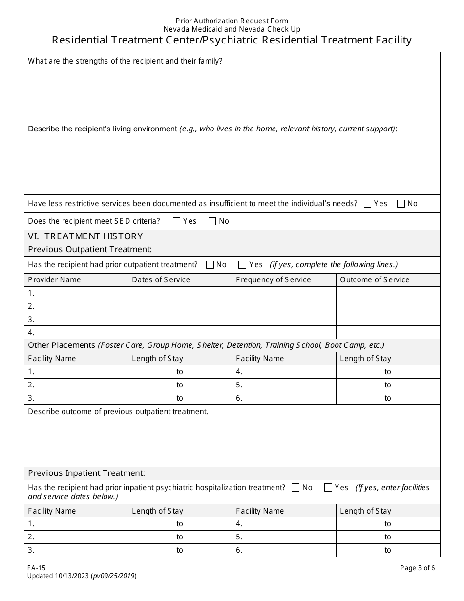 Form FA-15 Prior Authorization Request Form - Residential Treatment Center / Psychiatric Residential Treatment Facility - Nevada, Page 3