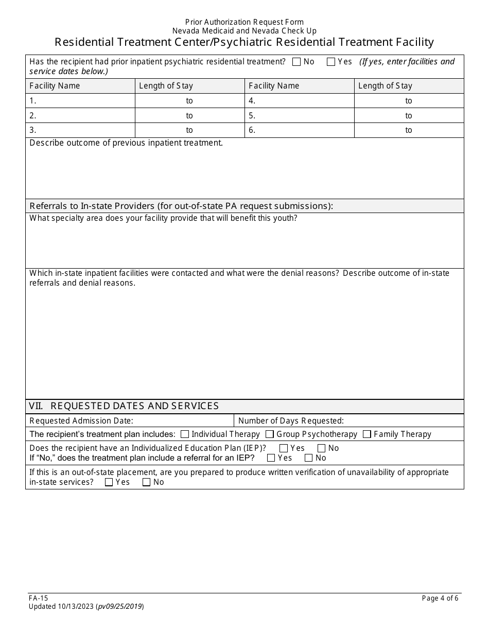 Form FA-15 Prior Authorization Request Form - Residential Treatment Center / Psychiatric Residential Treatment Facility - Nevada, Page 4