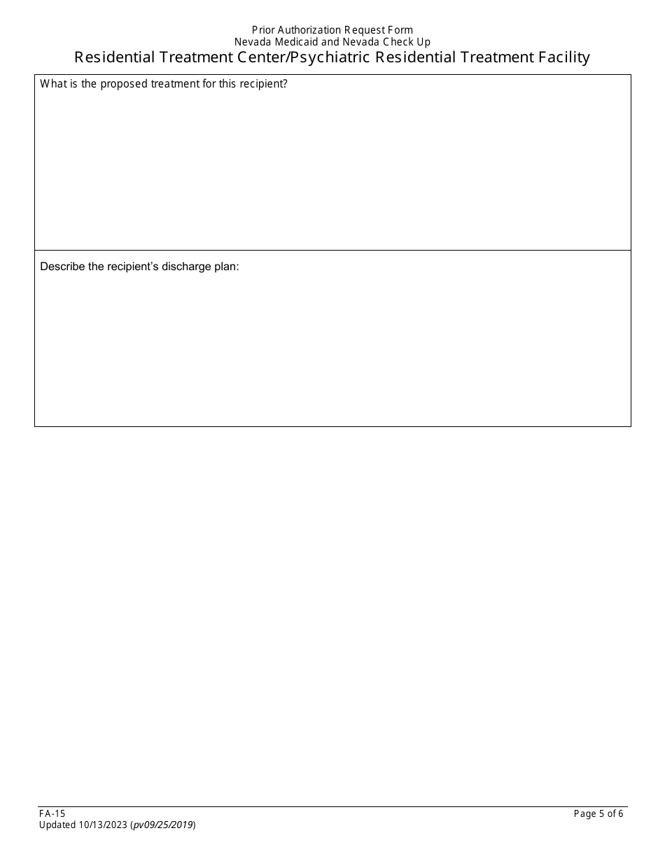 Form FA-15 Prior Authorization Request Form - Residential Treatment Center / Psychiatric Residential Treatment Facility - Nevada, Page 5