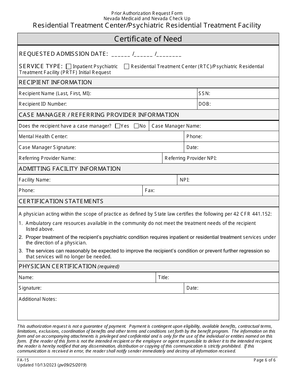 Form FA-15 Prior Authorization Request Form - Residential Treatment Center / Psychiatric Residential Treatment Facility - Nevada, Page 6