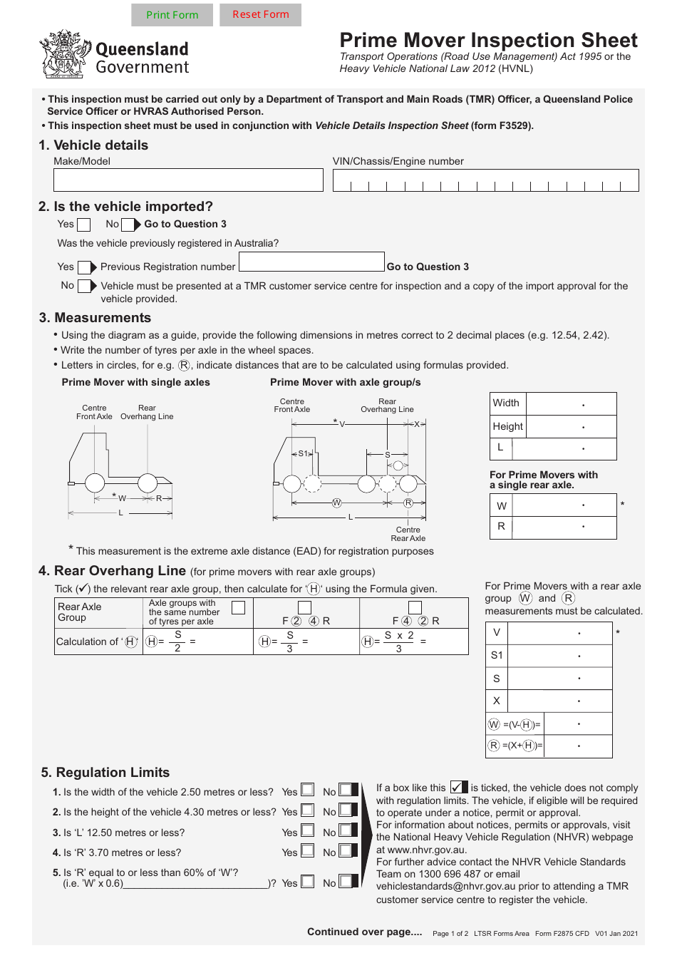 Form F2875 Prime Mover Inspection Sheet - Queensland, Australia, Page 1