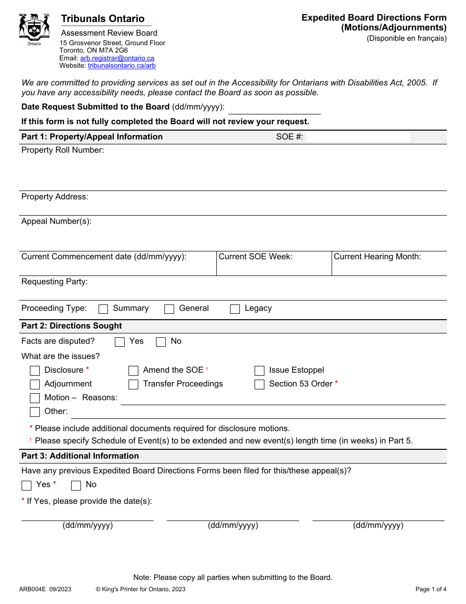 Form ARB004E Expedited Board Directions Form (Motions / Adjournments) - Ontario, Canada, Page 1