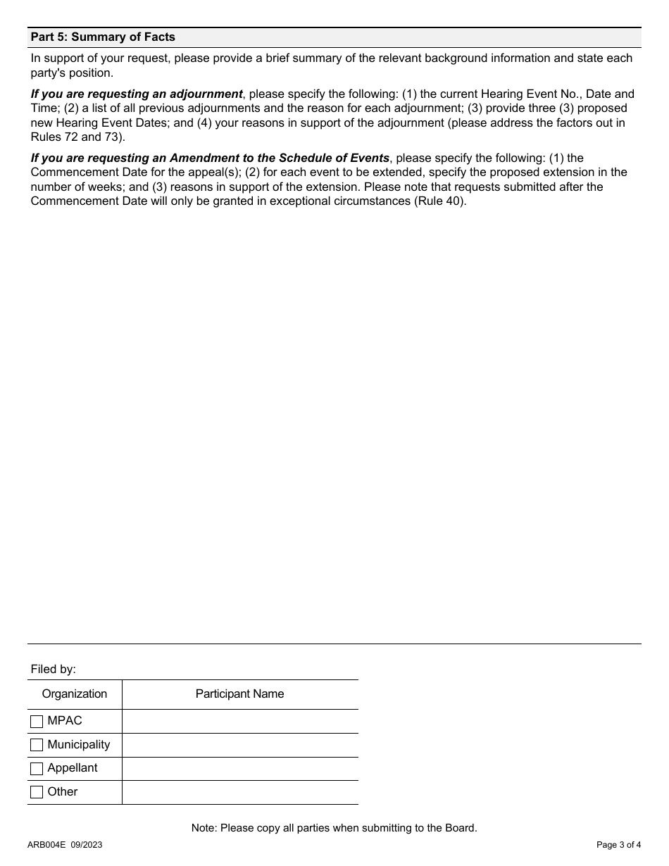Form ARB004E Expedited Board Directions Form (Motions / Adjournments) - Ontario, Canada, Page 3
