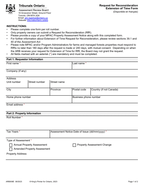 Form ARB008E Request for Reconsideration Extension of Time Form - Ontario, Canada
