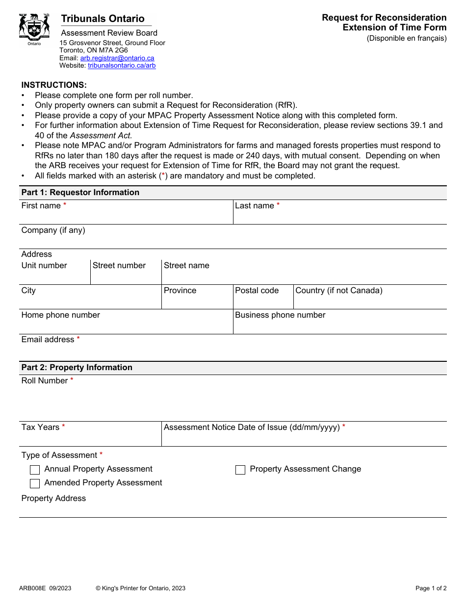Form ARB008E Request for Reconsideration Extension of Time Form - Ontario, Canada, Page 1