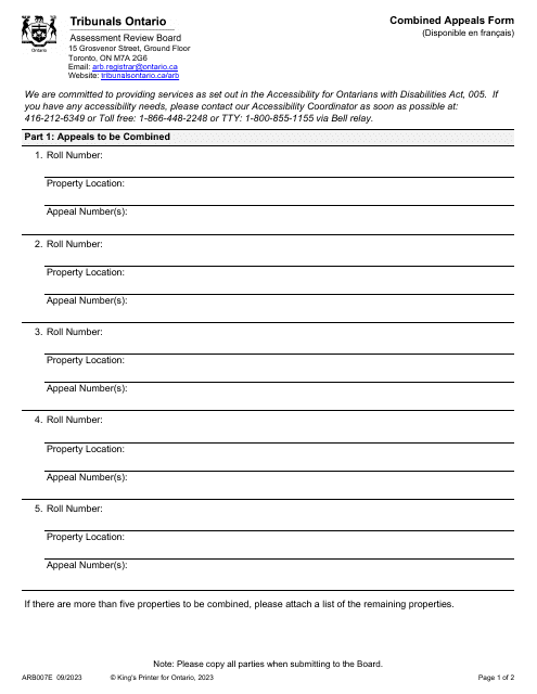 Form ARB007E Combined Appeals Form - Ontario, Canada