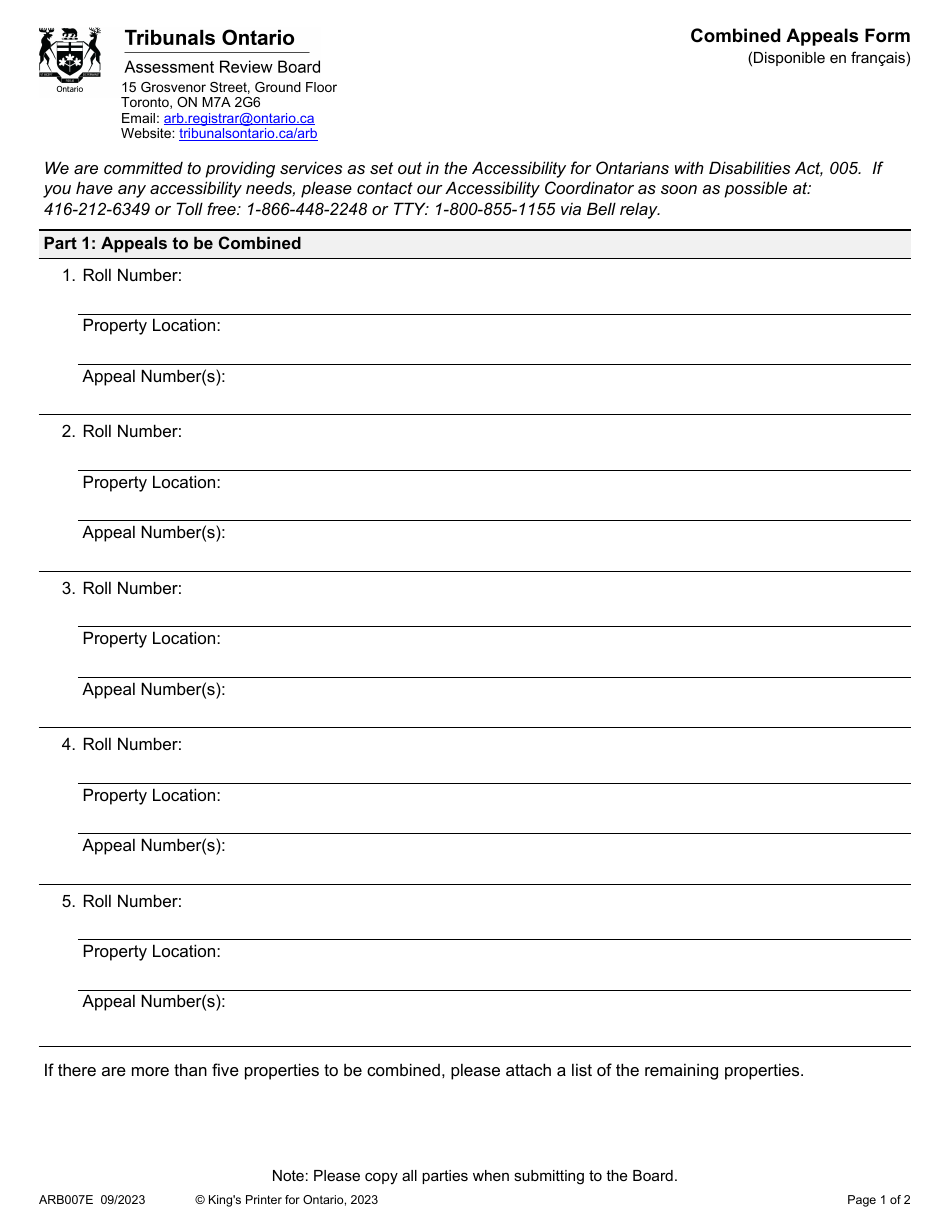 Form ARB007E Combined Appeals Form - Ontario, Canada, Page 1