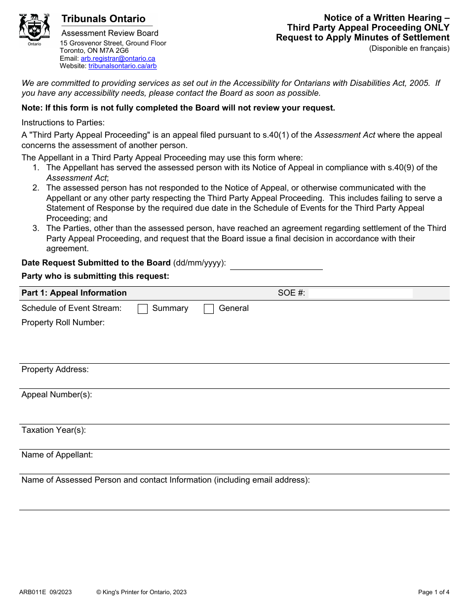 Form ARB011E Notice of a Written Hearing - Third Party Appeal Proceeding Only Request to Apply Minutes of Settlement - Ontario, Canada, Page 1