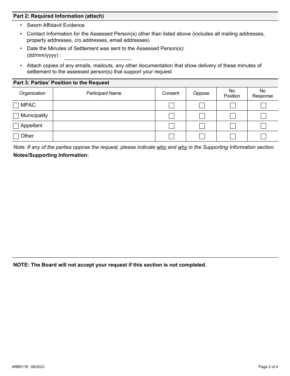Form ARB011E Notice of a Written Hearing - Third Party Appeal Proceeding Only Request to Apply Minutes of Settlement - Ontario, Canada, Page 2