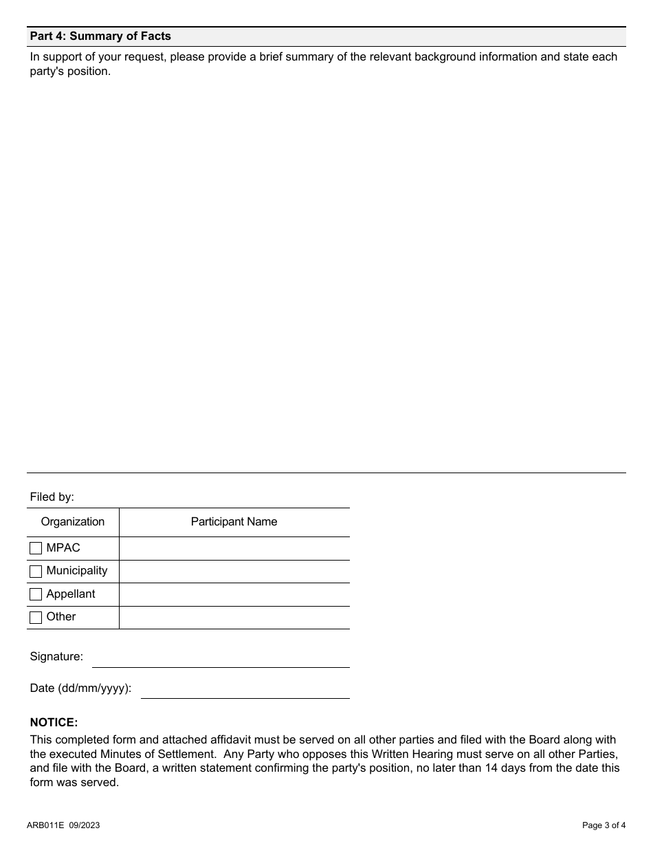 Form ARB011E Notice of a Written Hearing - Third Party Appeal Proceeding Only Request to Apply Minutes of Settlement - Ontario, Canada, Page 3
