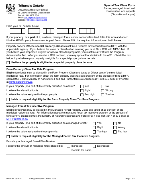 Form ARB010E Special Tax Class Form - Ontario, Canada