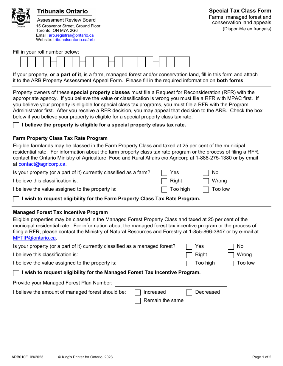 Form ARB010E Special Tax Class Form - Ontario, Canada, Page 1