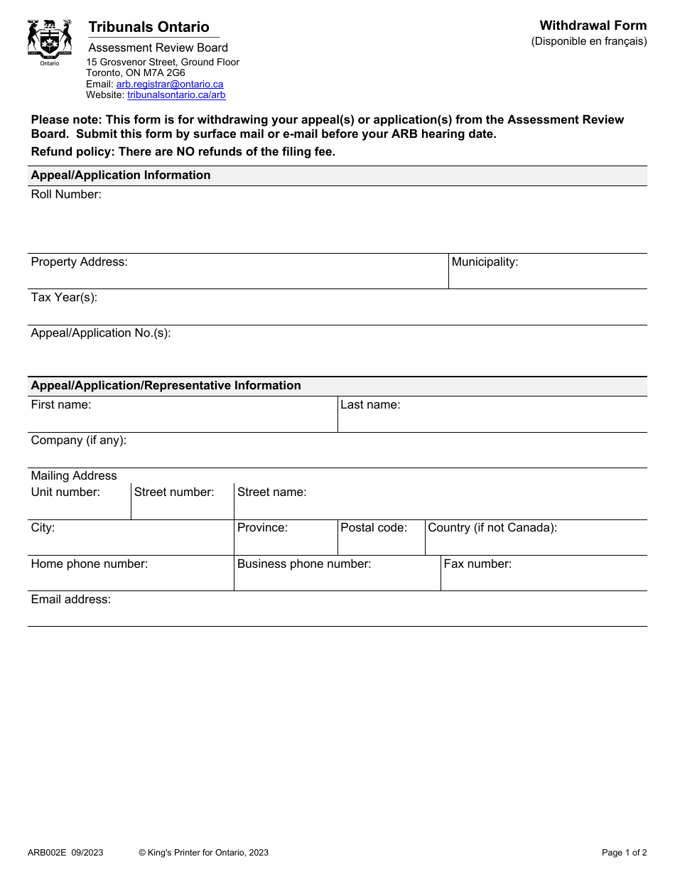 Form ARB002E Withdrawal Form - Ontario, Canada, Page 1