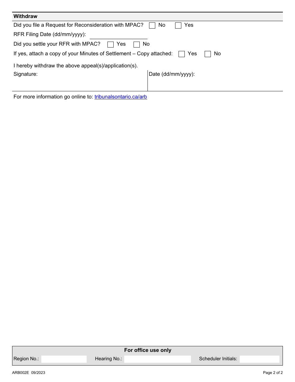 Form ARB002E Withdrawal Form - Ontario, Canada, Page 2