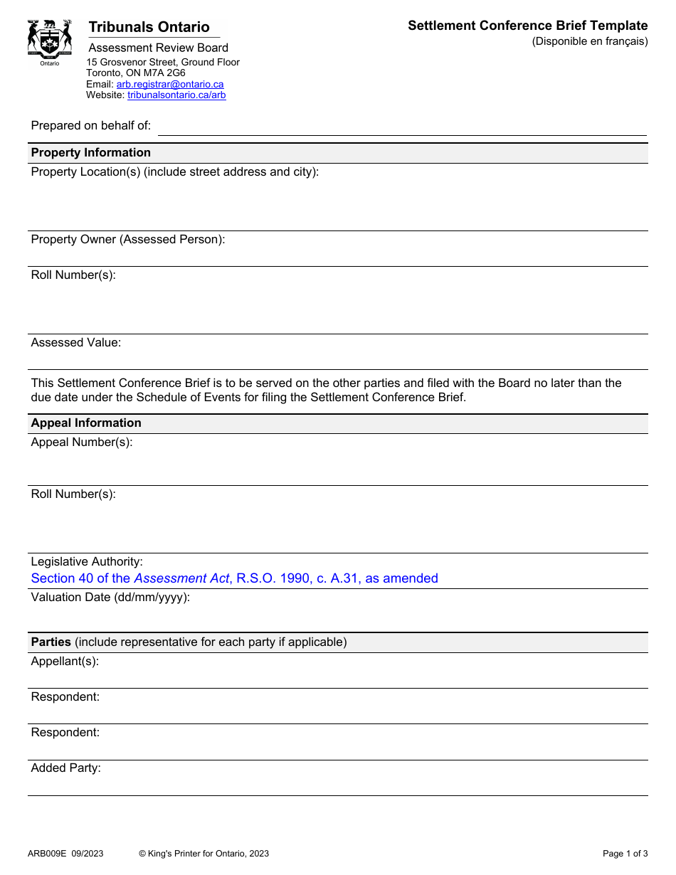 Form ARB009E Settlement Conference Brief Template - Ontario, Canada, Page 1
