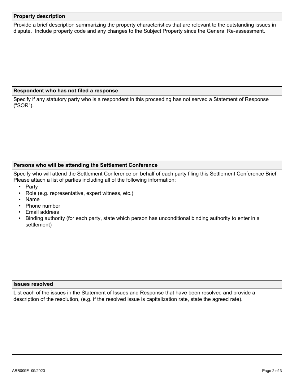 Form ARB009E Settlement Conference Brief Template - Ontario, Canada, Page 2