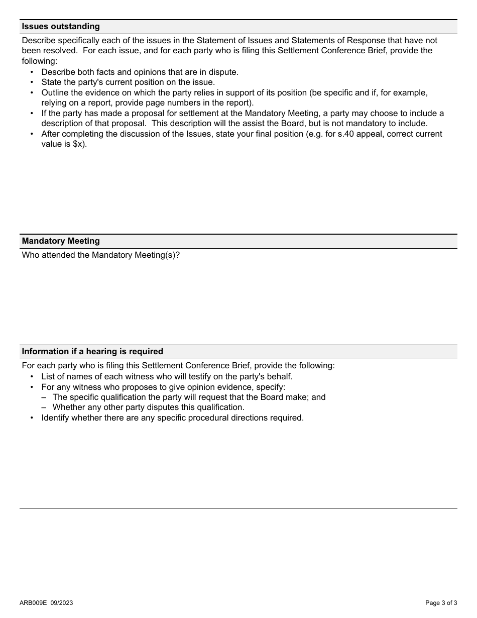 Form ARB009E Settlement Conference Brief Template - Ontario, Canada, Page 3
