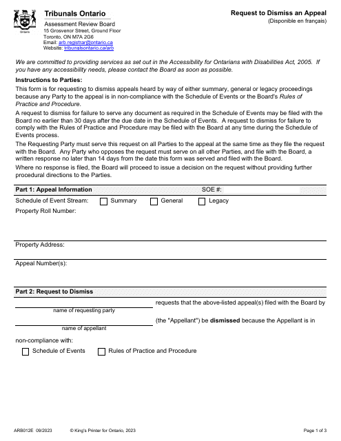 Form ARB012E Request to Dismiss an Appeal - Ontario, Canada