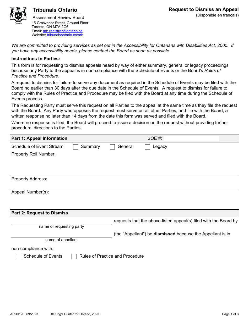 Form ARB012E Request to Dismiss an Appeal - Ontario, Canada, Page 1