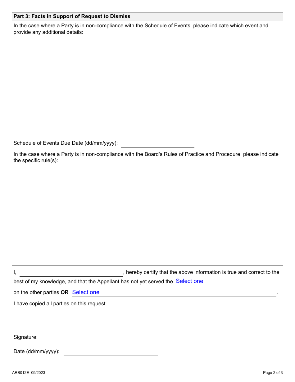 Form ARB012E Request to Dismiss an Appeal - Ontario, Canada, Page 2