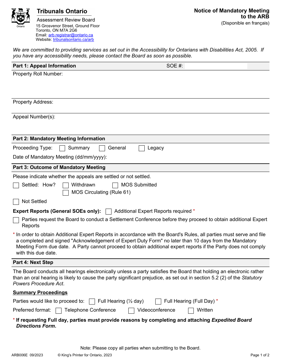 Form ARB006E Notice of Mandatory Meeting to the Arb - Ontario, Canada, Page 1