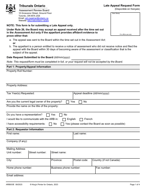 Form ARB003E Late Appeal Request Form - Ontario, Canada