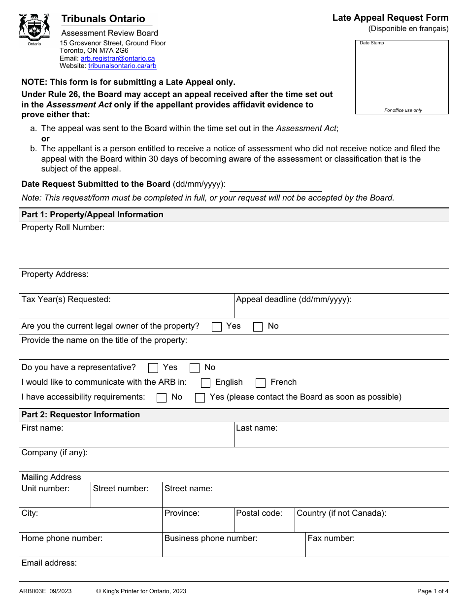 Form ARB003E Late Appeal Request Form - Ontario, Canada, Page 1