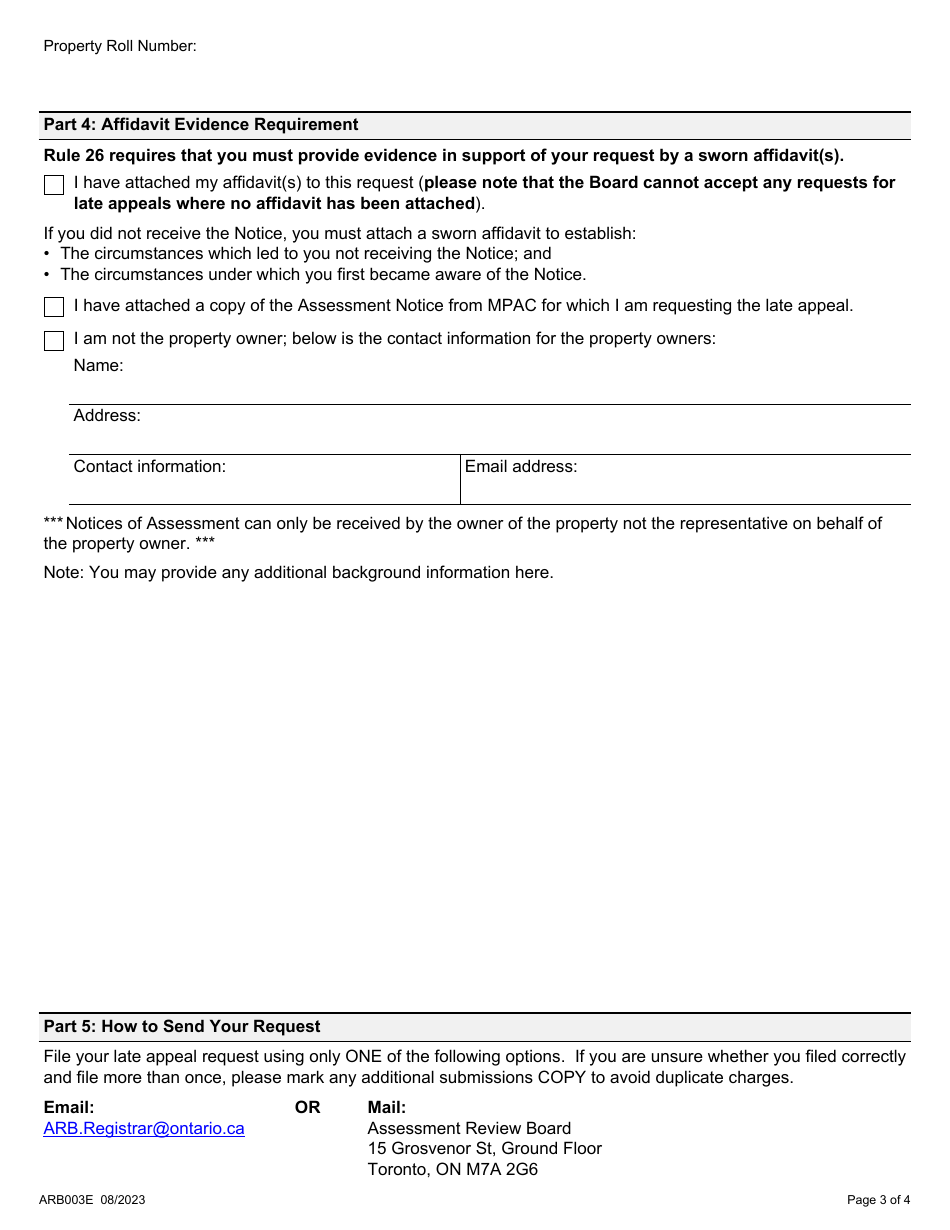 Form ARB003E Late Appeal Request Form - Ontario, Canada, Page 3
