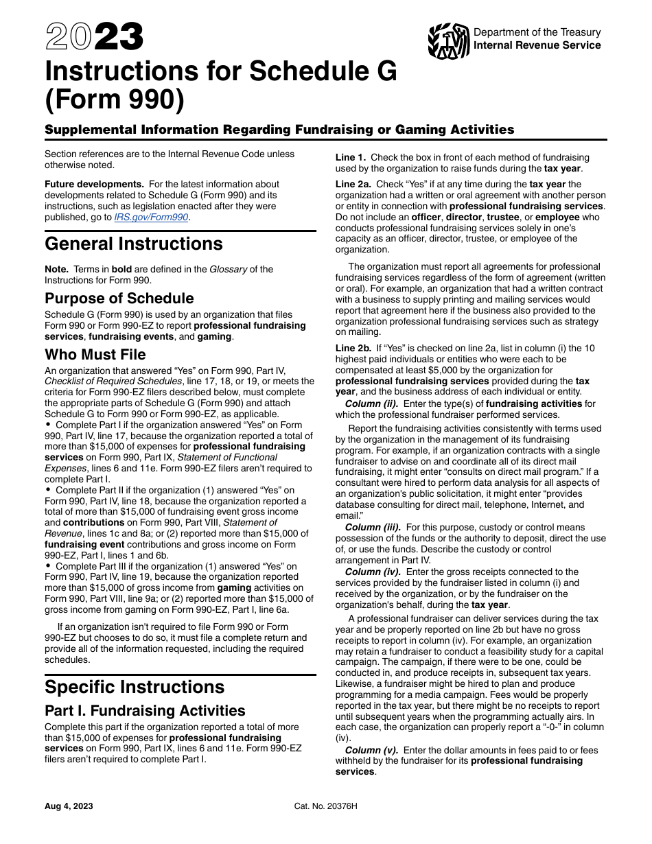 Instructions for IRS Form 990 Schedule G Supplemental Information Regarding Fundraising or Gaming Activities, Page 1