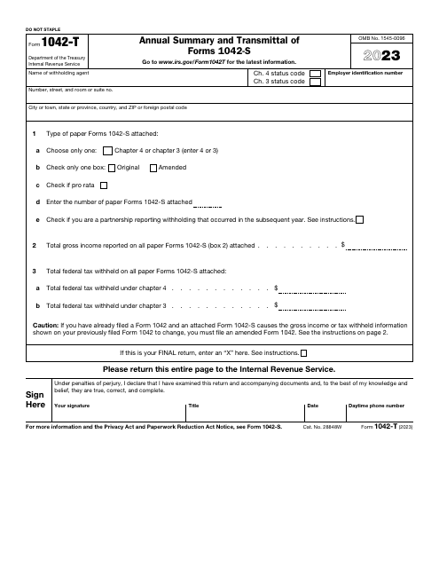 IRS Form 1042-T Annual Summary and Transmittal of Forms 1042-s, 2023