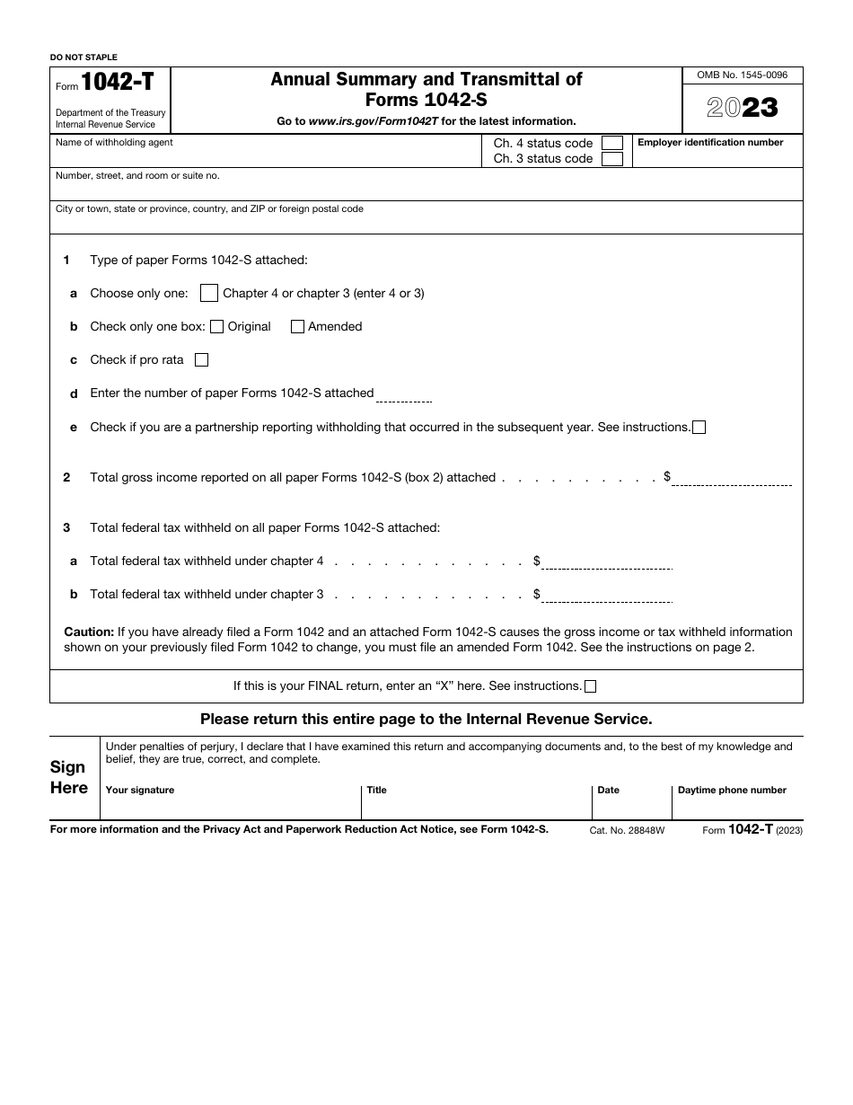 IRS Form 1042-T Annual Summary and Transmittal of Forms 1042-s, Page 1