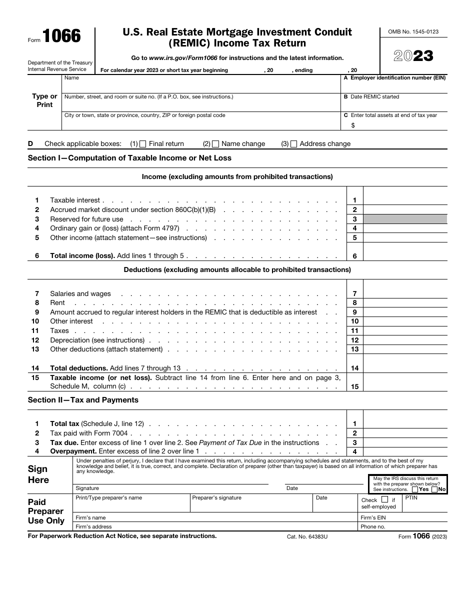 IRS Form 1066 U.S. Real Estate Mortgage Investment Conduit (REMIC) Income Tax Return, Page 1
