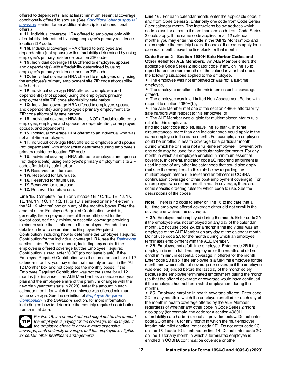 Instructions for IRS Form 1094-C, 1095-C, Page 12