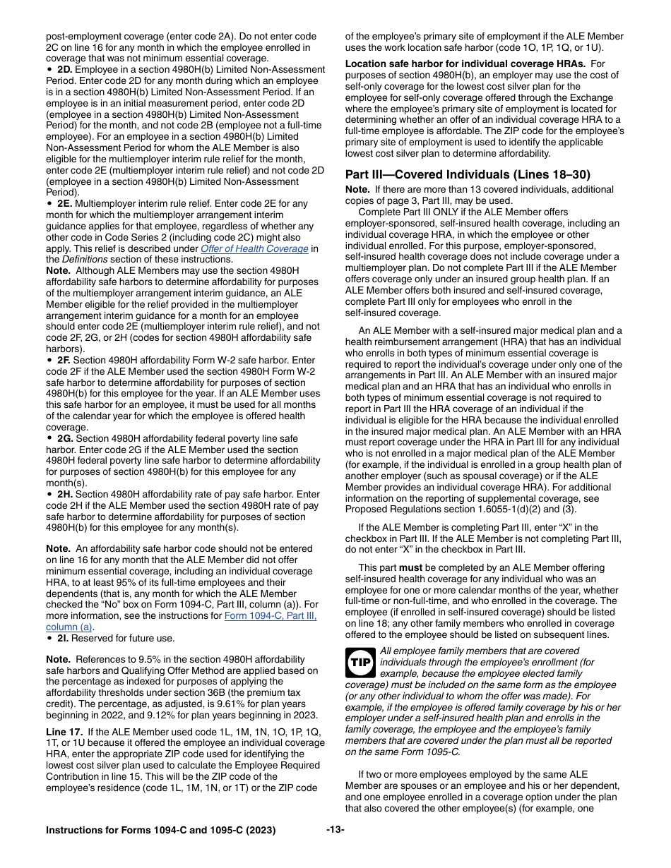 Instructions for IRS Form 1094-C, 1095-C, Page 13