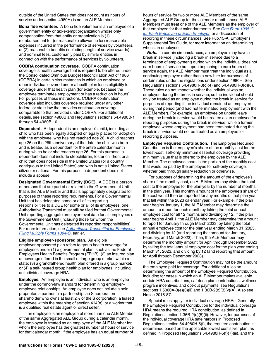 Instructions for IRS Form 1094-C, 1095-C, Page 15