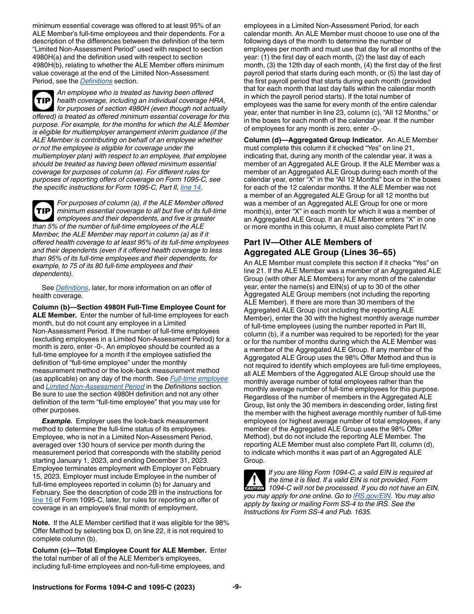Instructions for IRS Form 1094-C, 1095-C, Page 9
