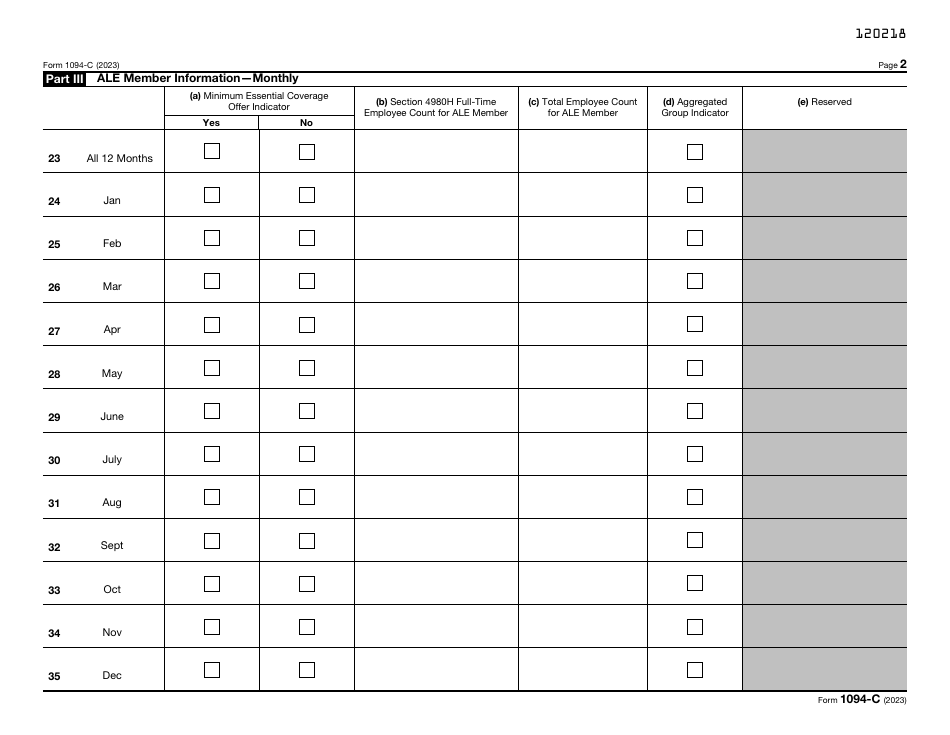 IRS Form 1094-C Transmittal of Employer-Provided Health Insurance Offer and Coverage Information Returns, Page 2