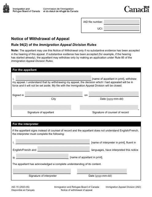 Form IAD.15 Notice of Withdrawal of Appeal - Canada