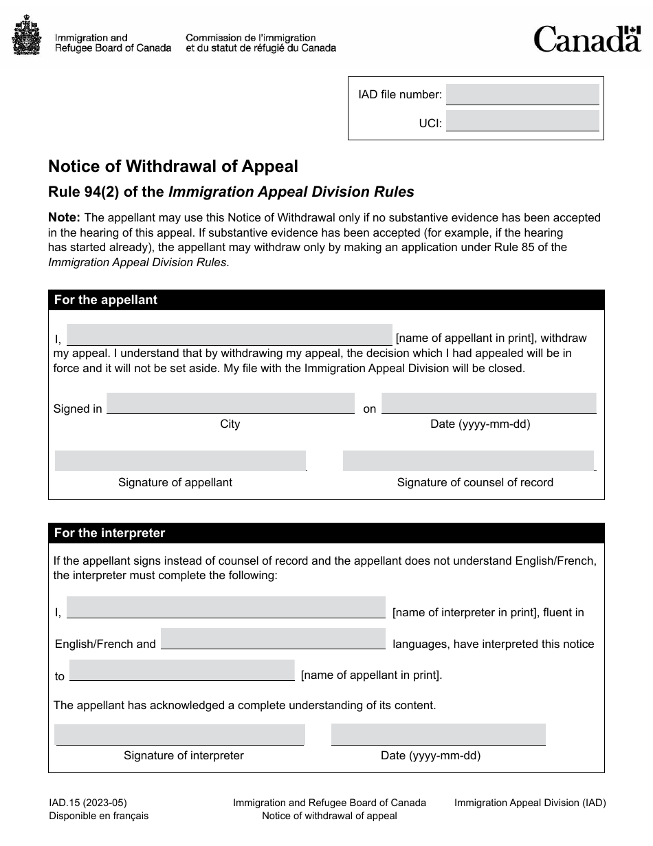 Form IAD.15 Notice of Withdrawal of Appeal - Canada, Page 1