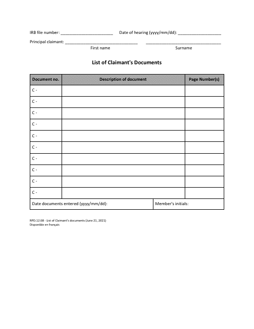 Form RPD.12.08 List of Claimant's Documents - Canada