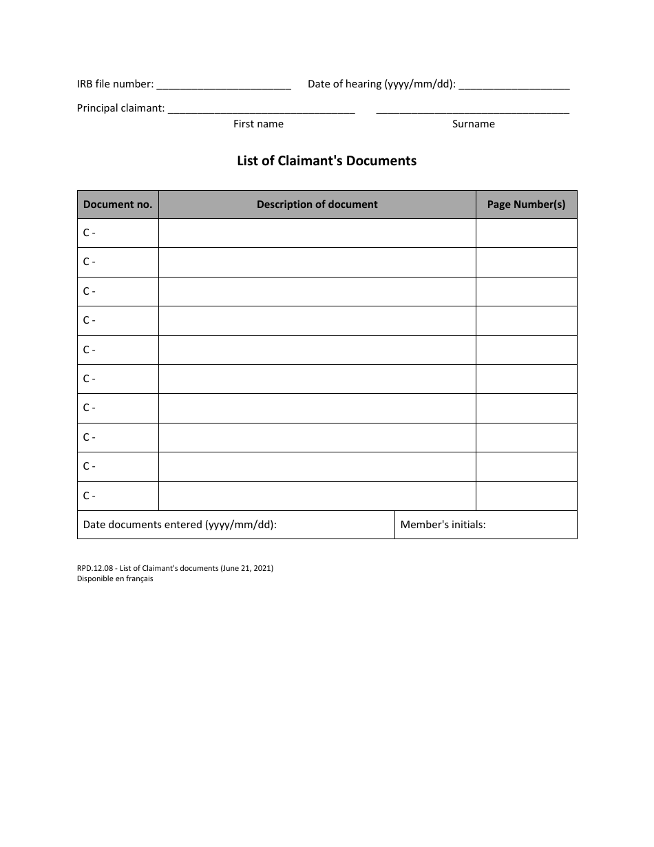 Form RPD.12.08 List of Claimants Documents - Canada, Page 1