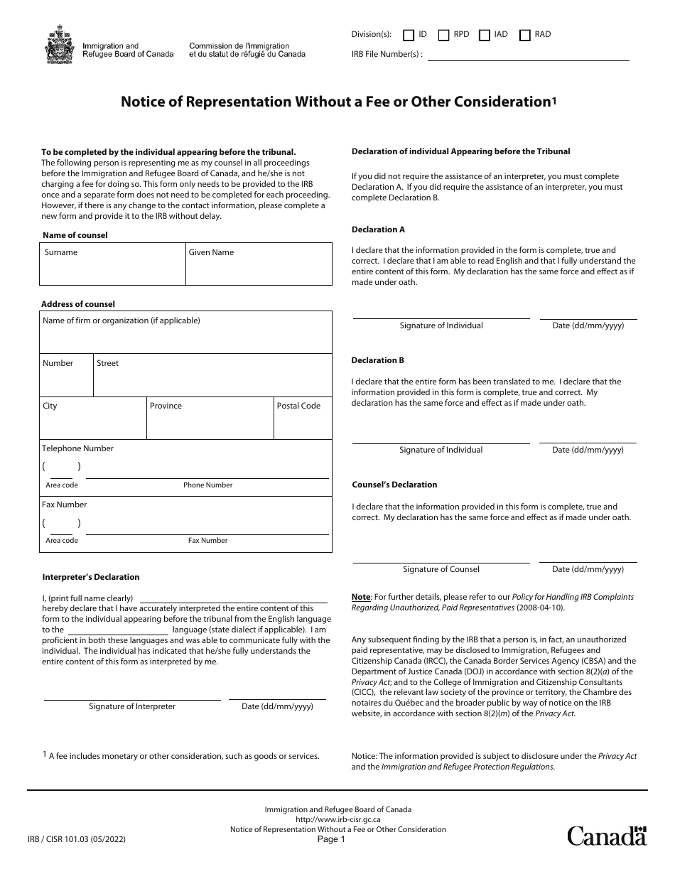 Form IRB / CISR101.03 Notice of Representation Without a Fee or Other Consideration - Canada, Page 1