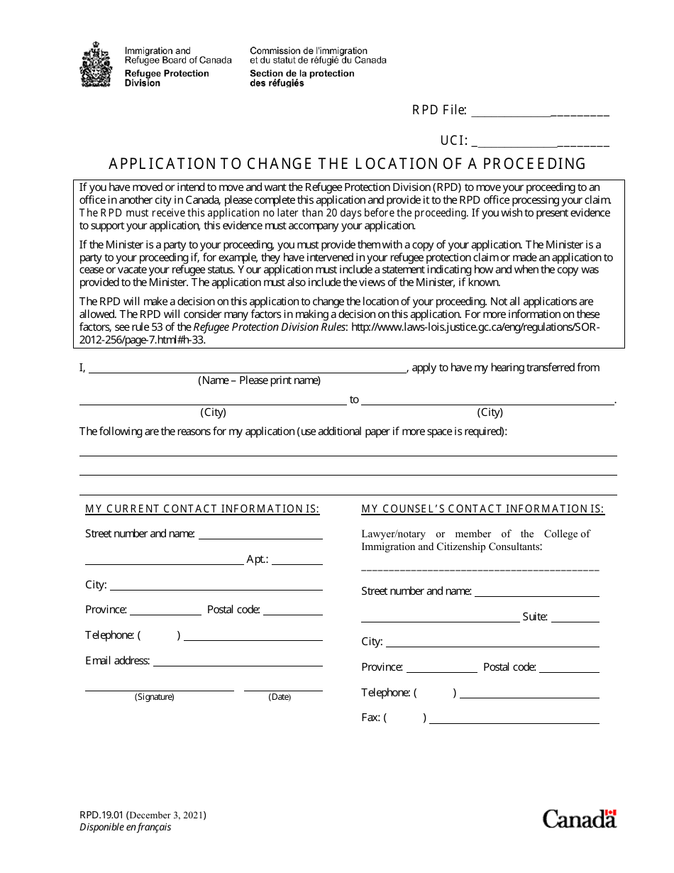 Form RPD.19.01 Application to Change the Location of a Proceeding - Canada, Page 1