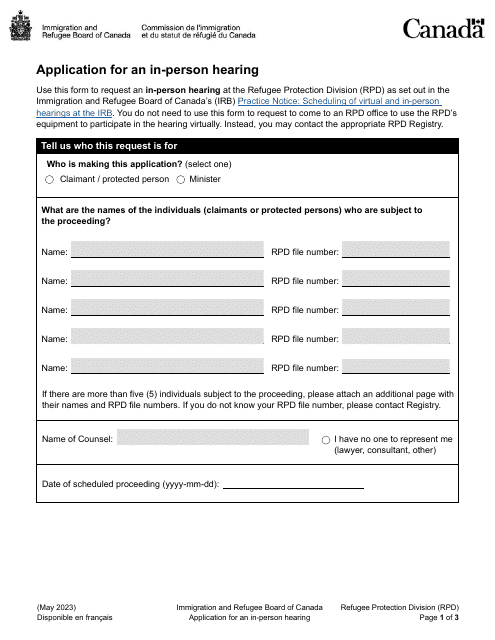 Application for an in-Person Hearing - Canada Download Pdf
