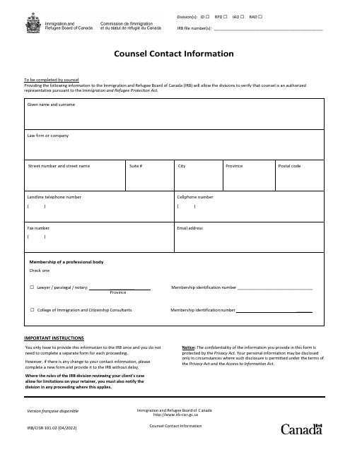 Form IRB/CISR101.02 Counsel Contact Information - Canada