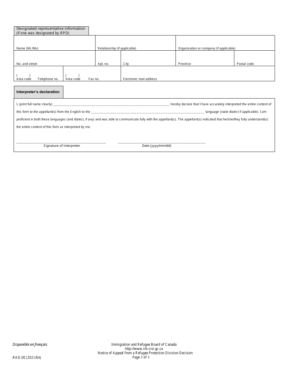 Form RAD.00 Notice of Appeal From a Refugee Protection Division Decision - Canada, Page 3