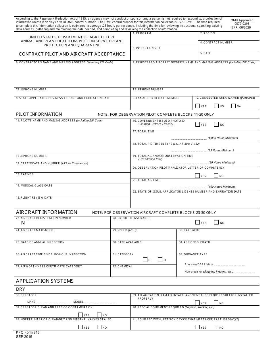 PPQ Form 816 Contract Pilot and Aircraft Acceptance, Page 1