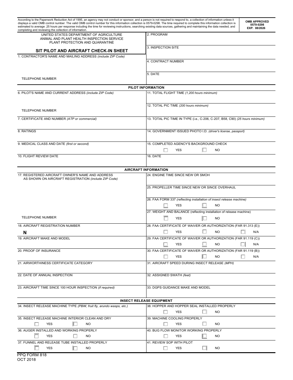 PPQ Form 818 Sit Pilot and Aircraft Check-In Sheet, Page 1